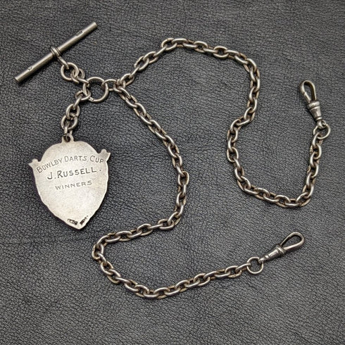1920年頃 英国アンティーク 純銀(925シルバー)ダブルアルバートチェーン 52g 純銀エンブレムフォブ